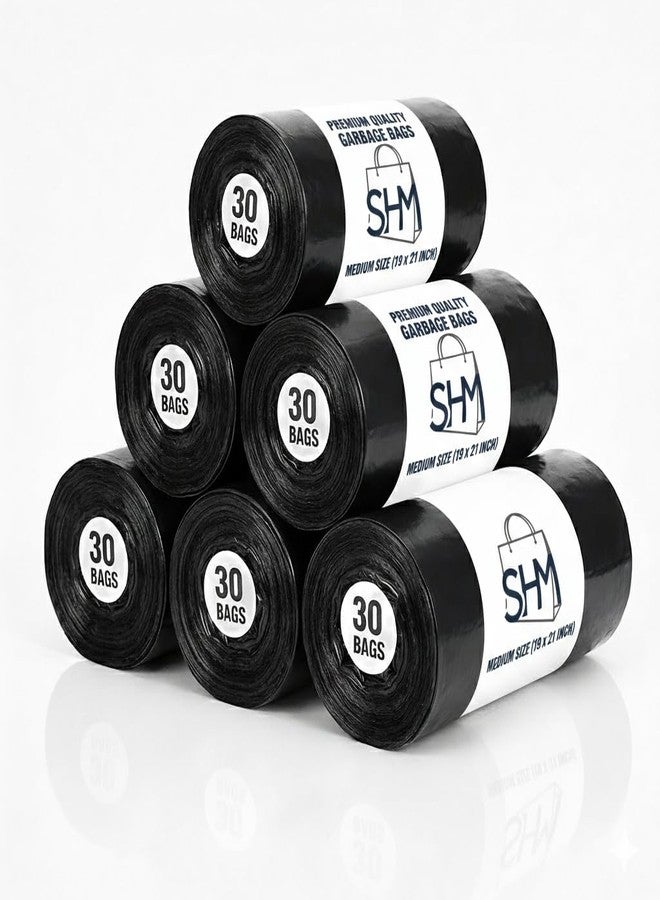 SHM Garbage Bags Medium Size (19 x 21 Inch) | 30 Bags per Roll x 6 Rolls | 180 Bags | Strong Black Dustbin Bags for Home & Kitchen | Leak Proof Waste Bags for Home, Kitchen & Office - Image 1